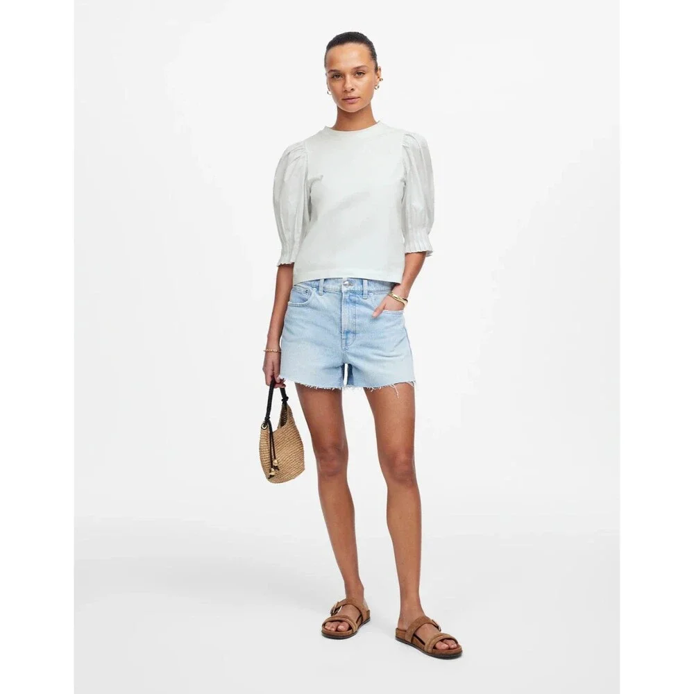 Madewell XXS Puff Half Sleeve Knit Top White Cotton Poplin Pleated Crewneck NWT